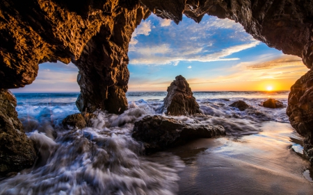 Sunset on a Sea Cave - beach, cave, sunset, usa