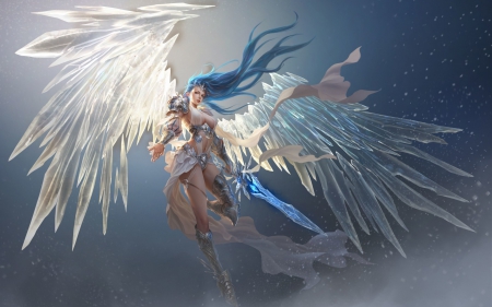 Athena - woman, league of angels, angel, girl, athena, wings, fantasy, white, game, blue, luminos, sword