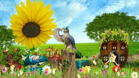 The carefree world of fantasy... - horizon, sunflower, swans, ponds, fantasy, bird, world, green, homes, fairy, treehouse, land