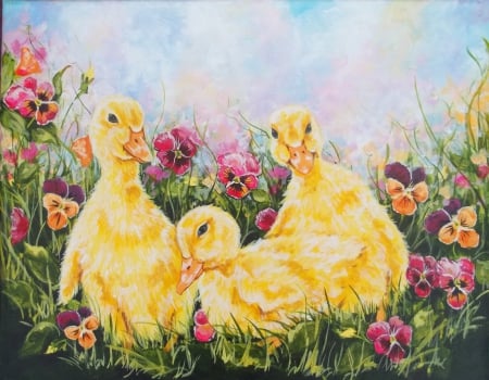 YELLOW DUCKLINGS - ducklings, yellow, fluffy, garden, flower