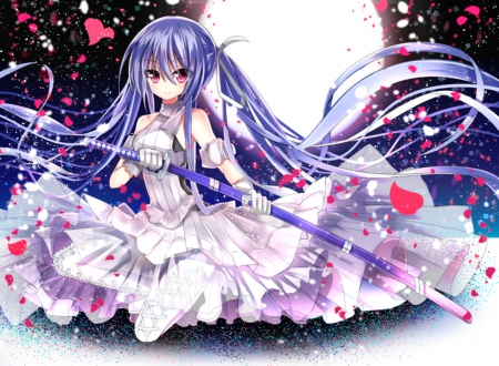 White Samurai - pretty, anime, female, dress, lance, long hair, blue hair, spear, weapon, nice, moon, gown, anime girl, beautiful, hot, girl, beauty, lovely, sweet, petals, sinister, sexy