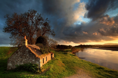 River Sunset - clouds, house, trees, beautiful, Scotland, grass, meadow, river, sunset, tranquility, sky