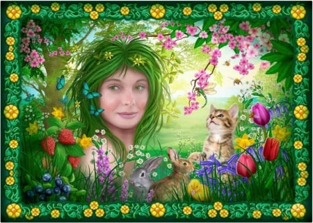 SPIRIT OF SPRING - rabbits, animals, feamle, green, flowers, spring, kitten, butterflies