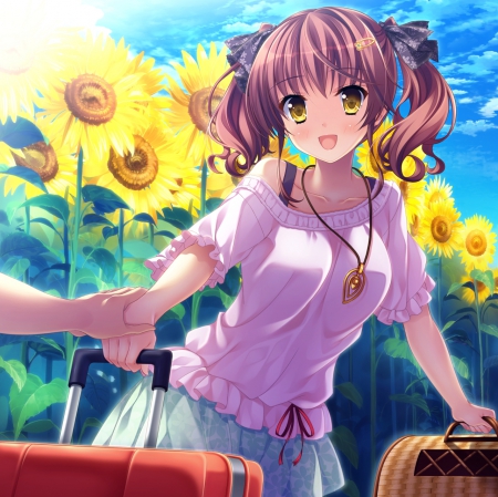 Orikuchi Miu - anime, twin tail, female, twintail, blossom, dress, prety, long hair, sunflower, nice, twin tails, anime girl, twintails, beautiful, locket, girl, beauty, lovely, sweet, flower, blouse, floral