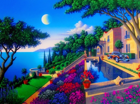 Villa Capulet - moon, summer, shore, coast, villa, vacation, painting, art, car, beautiful, rest, house, pool, sea