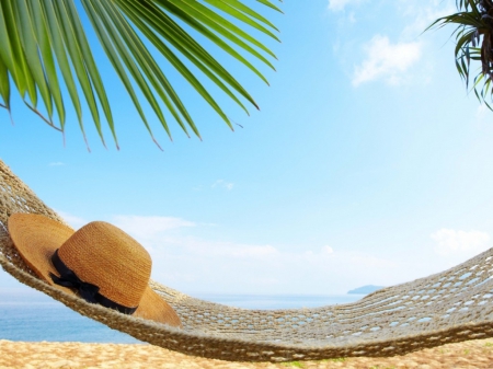 Prefect day to relax on a hammock - hat, hammock, sun, water, summer, tree, sand, relax