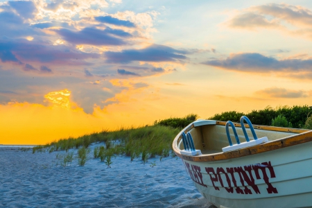 Sunset at Cape May, New Jersey - sky, beach, sun, clouds, boat