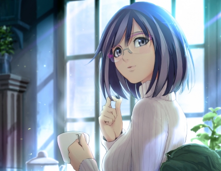 Hanekawa Tsubasa - nice, woman, beauty, female, glasses, anime girl, art, pretty, window, looking, anime, blouse, look, cute, short hair, coffee, lady, girl, shirt, light, lovely, cup, beautiful, sweet, flowers