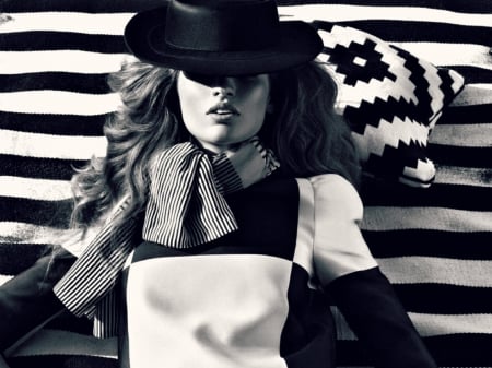 Bette Franke - black, model, girl, blue, white, cowgirl, stripes, hat, bette franke, woman