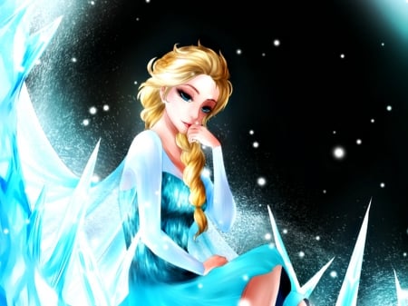 Elsa - anime, winter, blue, girl, blonde, pixiv, night, fantays, black, ice, elsa, disney, art