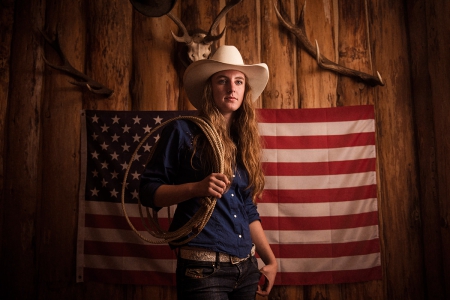 All American Cowgirl - wood, american flag, flag, rope, hat, cowgirl, wall, antlers