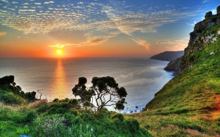 Peaceful sunset - cloud, sky, hill, beaches, tree, sunset, sea