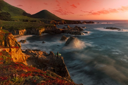 Big Sur, California - sky, ocean, hills, coastline, cliff, pacific, water, waves, coast, colors