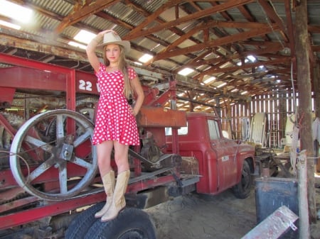 ~Cowgirl~ - truck, hat, cowgirl, boots, dress, blonde, garage