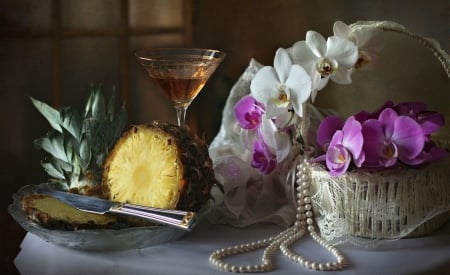 Purple and white - flowers, still life, pineapple, knife