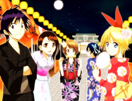 Festival - Red Eyes, Blonde Hair, Anime Girl, Night, Orange Hair, Yukata, Nisekoi, Brown Hair, Anime, Ribbon, Hairpin, Long Hair, Raku Ichijou, Kosaki Onodera, Bow, Tsugumi Seishorou, Blue Hair, Anime Guy, Red, Kimono, Chitoge Kirisaki, Blue Eyes, Blue, Marika Tachibana, Festival, Short Hair, Cotton Candy, Brown Eyes, Wallpaper