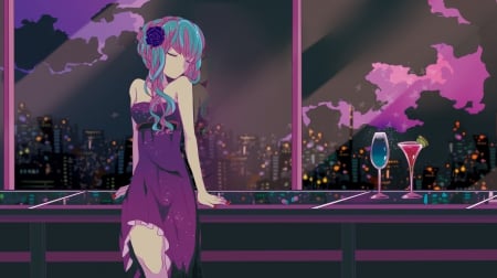 Miku - windows, night, hotel, hatsune, pretty, vocaloid, beautiful, miku, dress