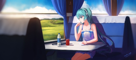 500 Miles - pretty, anime, vocaloid, female, miku hatsune, window, hatsune miku, green hair, long hair, train, nice, anime girl, beautiful, girl, beauty, lovely, sweet, miku, hatsune, vocaloids