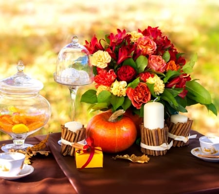 Romantic Picnic - autumn, roses, candles, bouquet, basket, still life, pretty, candle, light, fruits, picnic, tea, summer, lovely, vase, romantic, beautiful, flowers