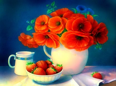 Still life - pretty, vase, strawberries, milk, poppies, coffee, beautiful, tea, lovely, still life, harmony, flowers, red, painting, yummy, art