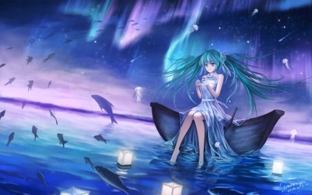 Ebenezer - pretty, magic, miku hatsune, twin tail, female, scene, night, nice, beauty, cg, vocaloid, anime, twintail, boat, dress, hatsune miku, long hair, aurora, hd, sky, twin tails, anime girl, water, twintails, beautiful, sea, girl, sundress, lovely, sweet, lantern, fantasy, miku, aqua hair, hatsune, vocaloids, fish