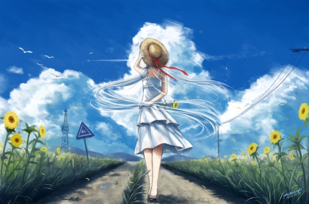 Summer - nice, sunflower, beauty, sky, female, hat, sundress, anime girl, road, pretty, cloud, anime, scene, maiden, lady, scenic, girl, long hair, lovely, floral, beautiful, blossom, scenery, sweet, dress, flower