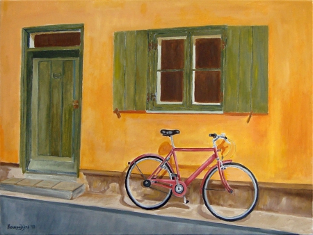 Red bicycle - painting, art, galore, red, bicycle, facade house