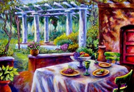 SERVE - coffee, column, table, tea, chair, flowers, glasses, garden, apple, fruits, park