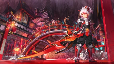 Elsword - elsowrd, beauty, nice, video game, japanese, rpg, pretty, japan, game, anime, sword, oriental, bridge, temple, scene, male, building, pagoda, lovely, beautiful, boy, shrine, sweet, chinese