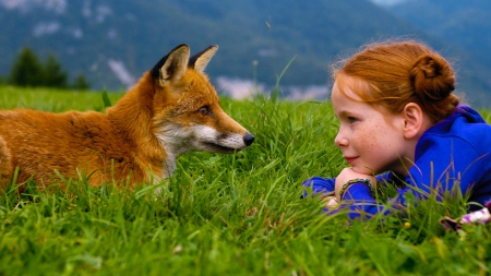 Girl and Red Fox - fox, nature, serene, girl, photography, beautiful, friendship