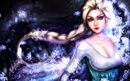 Elsa - sangrde, snowflakes, blue, girl, blonde, black, fantasy, movie, elsa, disney, art