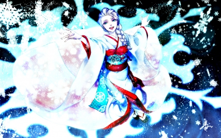 Elsa - anime, obi, blue, girl, pixiv, kimono, snow queen, fantasy, white, snowflake, movie, elsa, disney, art