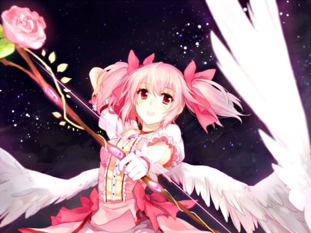 Madoka magica - kaname, anime, madoka magica, archer, girl, angel, kyuriin, manga, white, wings, rose