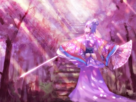 In the spring light - luo tianyi, pixiv, fan, girl, spring, sakura, vocaloid, pink, anime, sword, tree, manga