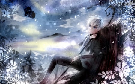 Jack Frost - jack frost, winter, blue, guy, man, boy, black, ice, fantasy, white, art, guardian