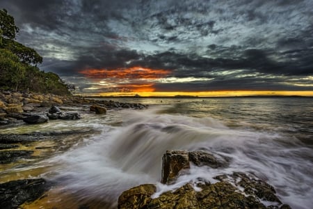 Queensland, Australia, Noosa National Park - cliff, sky, rocks, water, clouds, sunset, ocean