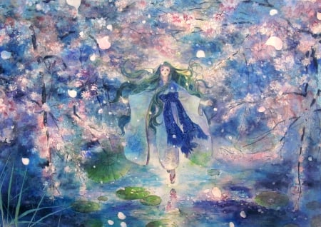 Spring wonder - girl, water, fantasy, spring, oyabin, lotus, art, sakura, pink, blue, anime, tree, manga