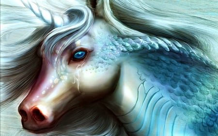 Unicorn - white, art, horse, blue, fantasy, unicorn