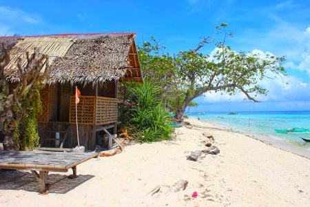 Cabin Beach - clouds, trees, cabin, beach, beautiful, white sands, blue sky, ocean, boats, tropical