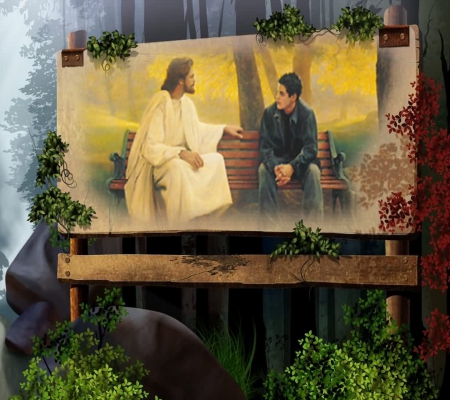 Jesus with man - nature, bench, jesus, man