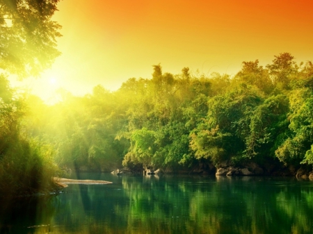 Sunrise over the green lake - fresh, lake, forest, water, sunrise, green