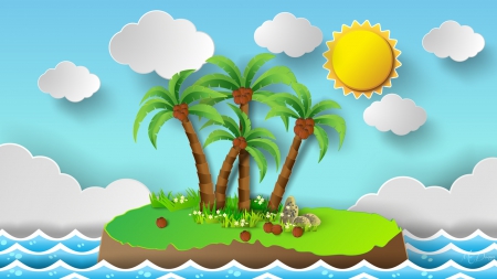 Fantasy Island - sky, sunshine, palm trees, sun, water, cut out, nature, cocunuts, 3d, clouds, island, paper, sea