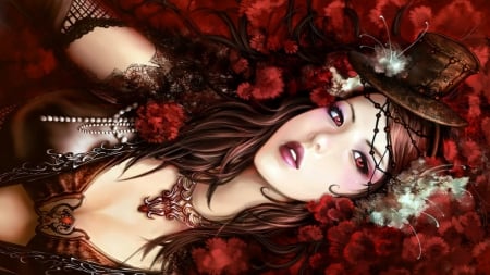 Bed of Flowers - woman, beauty, hat, female, necklace, beads, fantasy, red, flowers