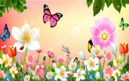 Spring Flowers - Summer, Nature, Flowers, Spring, Pretty, Garden, Butterfly, Pink