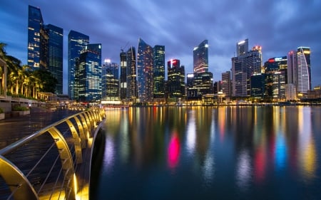 singapore nights - river, skyscrapper, reflection, building, singapore