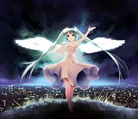 Hatsune Miku - nice, female, angel, wings, twintail, anime girl, miku hatsune, pretty, anime, miku, twin tail, cute, scene, hatsune miku, adorable, girl, twintails, long hair, night, lovely, hatsune, vocaloids, kawaii, twin tails, vocaloid, wing, sweet, green hair