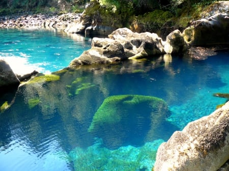 The Pools Of Huilo-Huilo Waterfalls - turquoise, chile, crystal clear waters, biological reserve, moss, pools, beautiful, stones, natural