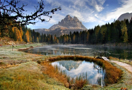 Autumnal Dolomites - lake, trees, mountains, path, fall, forest, beautiful, pond, dusk, grass, bridge