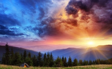 Sunset Over The Mountains - clouds, sunset, pinetrees, lamscape, mountains, sky