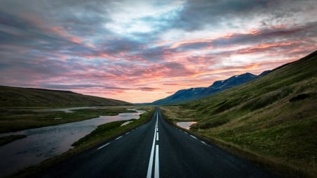 Sunset over Open Road - sunsets, landscapes, nature, roads